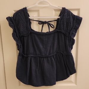 Maurices Dark Blue Eyelet Ruffle Blouse WORN ONCE!